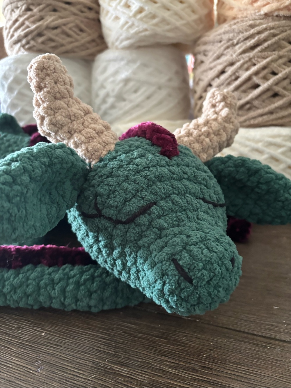 Crochet Large Willow the Dragon handmade plush.